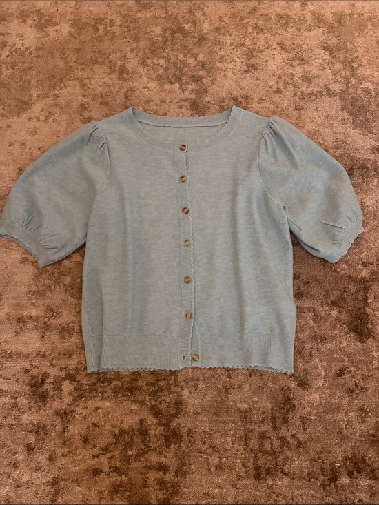 Sweaters - Light Blue Puff Sleeve Button-Front Knit Top